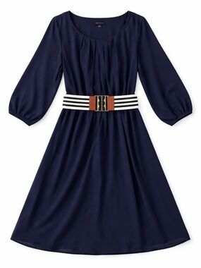 A.B. Studio Navy Blue Dress Size Small Belted Fit & Flare 3/4 Sleeve, NWT